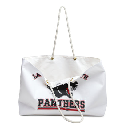 Lakeville North Panthers oversized canvas travel tote with cream rope handles and collegiate design.