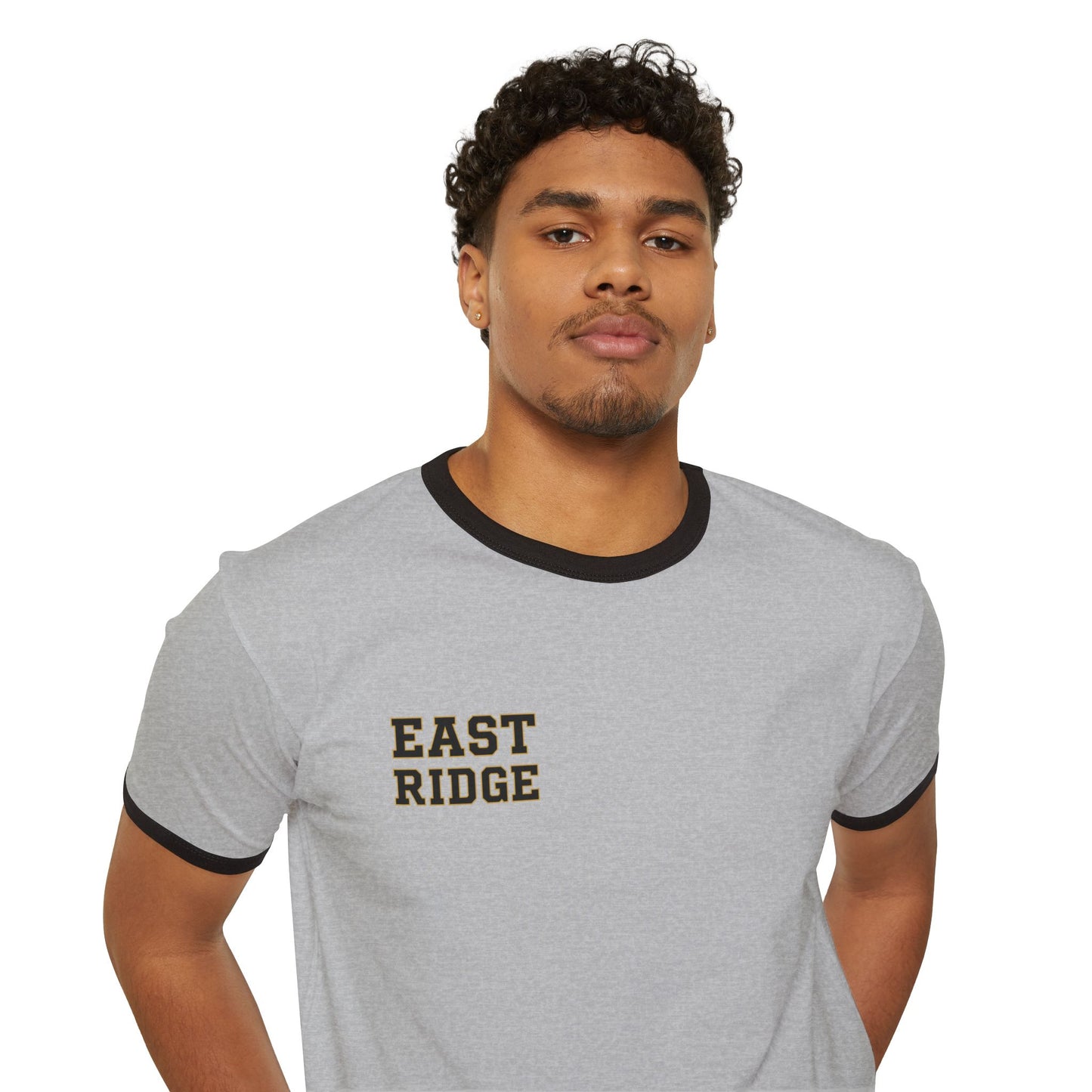 Man wearing East Ridge vintage collegiate ringer tee, showcasing soft fabric and classic style.