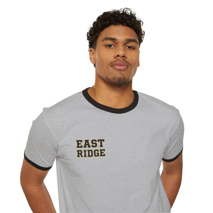 Man wearing East Ridge vintage collegiate ringer tee, showcasing soft fabric and classic style.