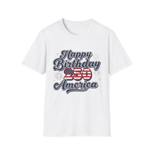 Happy Birthday America T-Shirt with vintage graphic celebrating 250th anniversary, patriotic design on white crew tee.