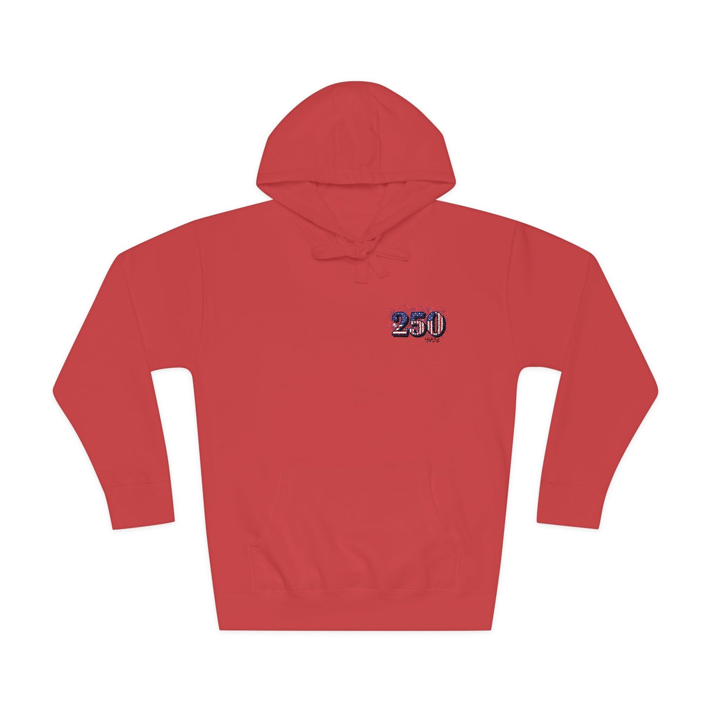 250th anniversary hoodie featuring a small right-chest logo in a vibrant red color.