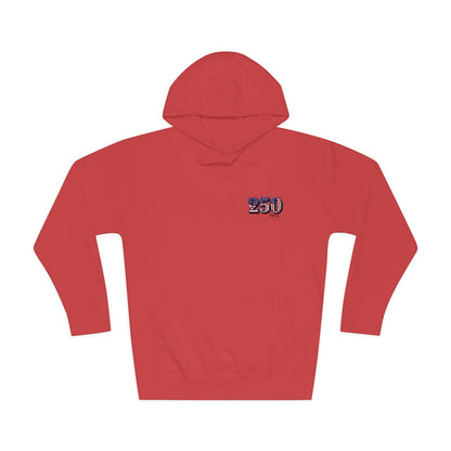250th anniversary hoodie featuring a small right-chest logo in a vibrant red color.