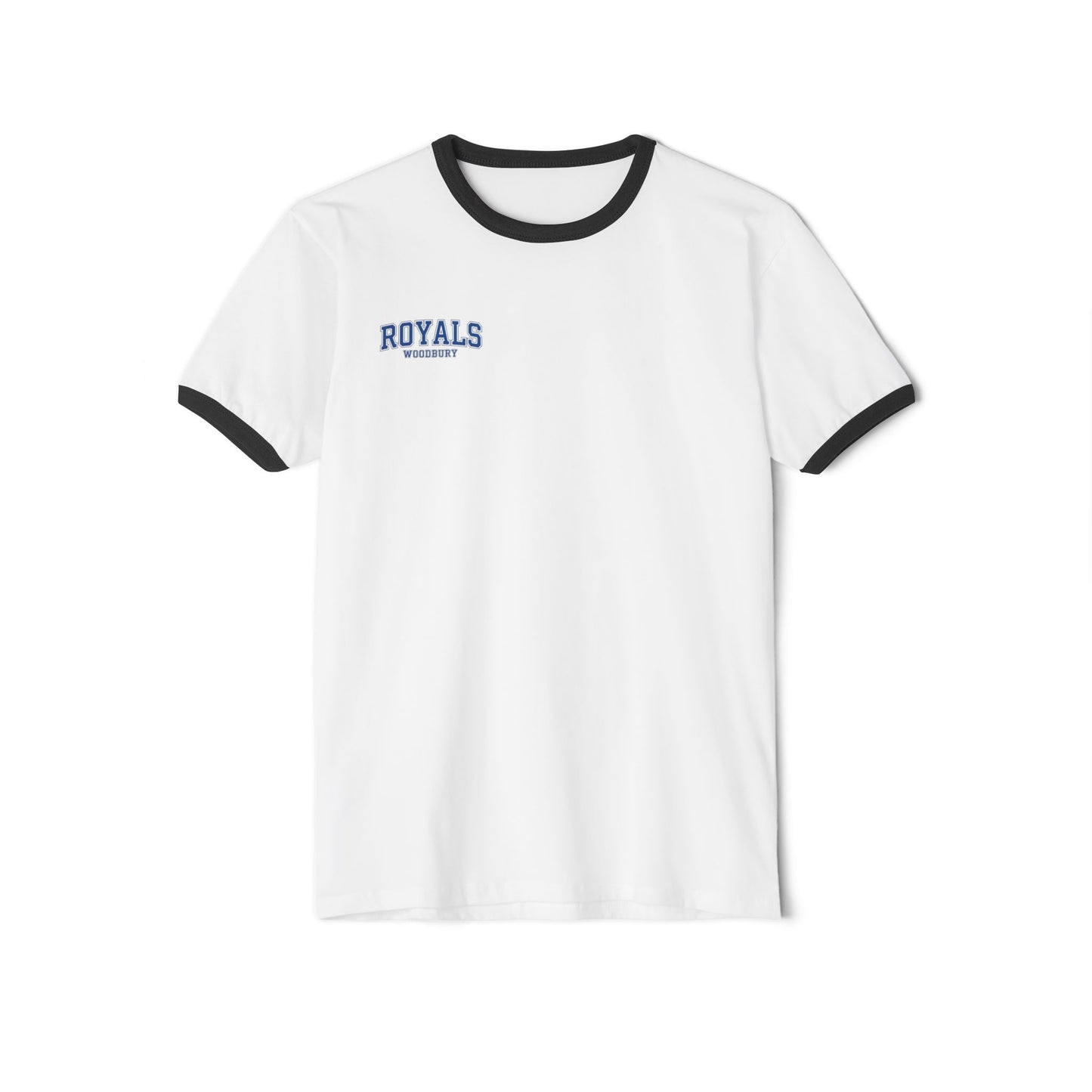 Woodbury Royals vintage ringer tee in white and black with a collegiate design and shielded emblem.