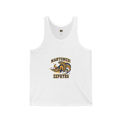 Mahtomedi Zephyrs tank top featuring vintage Trojan logo on a lightweight white athletic tank.