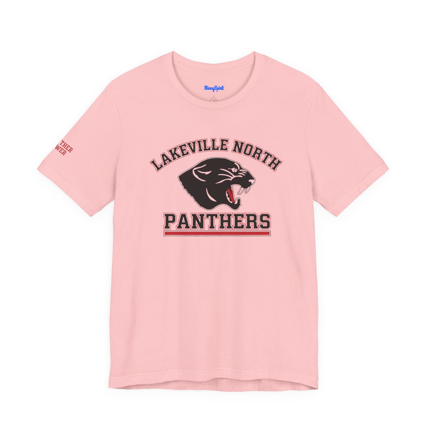 Lakeville North Panthers women's tee in pink with bold graphic and retro design for casual wear and celebrations.