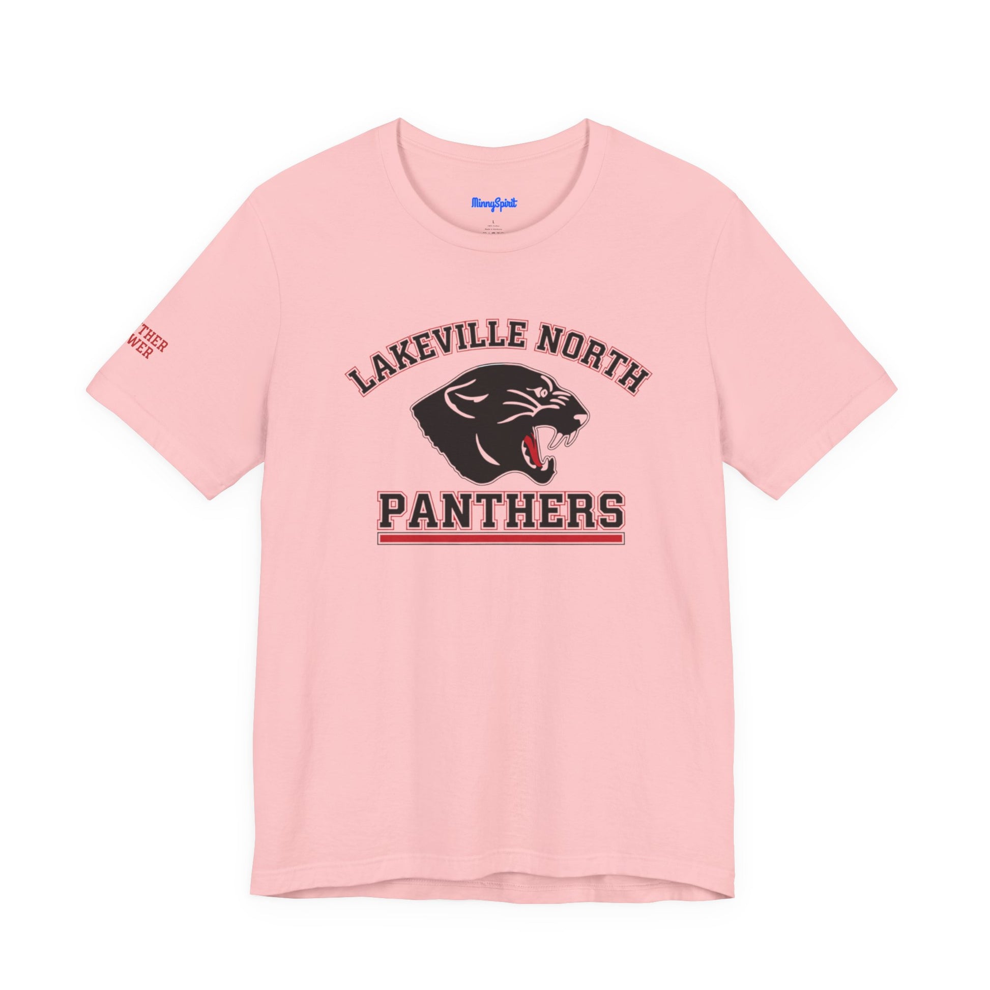 Lakeville North Panthers women's tee in pink with bold graphic and retro design for casual wear and celebrations.