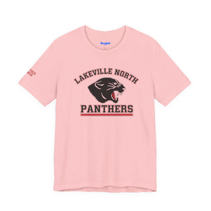 Lakeville North Panthers women's tee in pink with bold graphic and retro design for casual wear and celebrations.