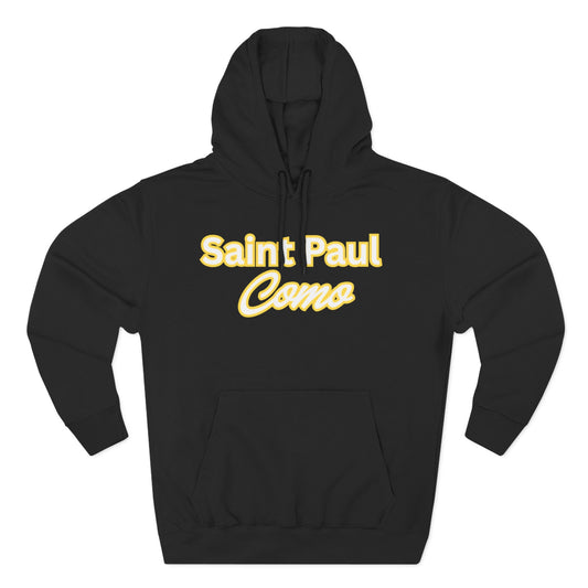 Saint Paul Como Black Hoodie — Retro Script Fleece Pullover