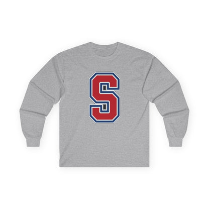 Simley Spartans Varsity S Letter Long Sleeve Tee — Spartan Helmet Back Graphic