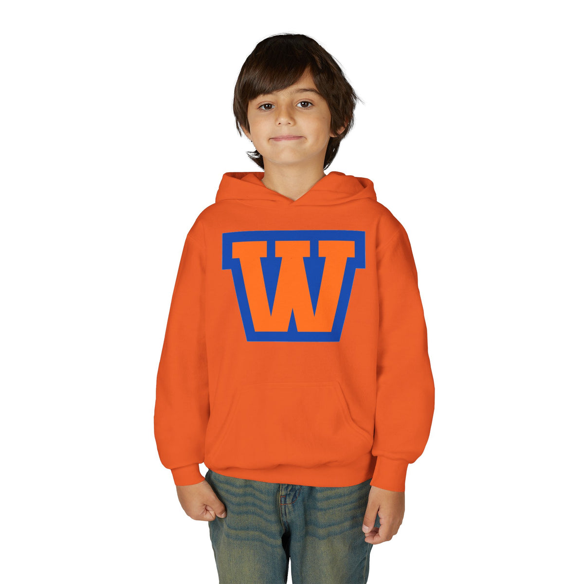 Youth Hoodie - Minneapolis Washburn Millers Orange & Blue 'W' School Logo with Mascot Back
