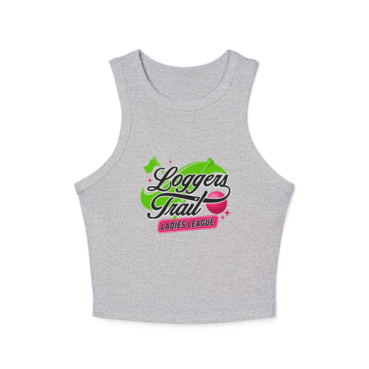 Loggers Trail Racerback TankTop - Ladies League, stylish grey tank with vibrant logo design, perfect for adventures.