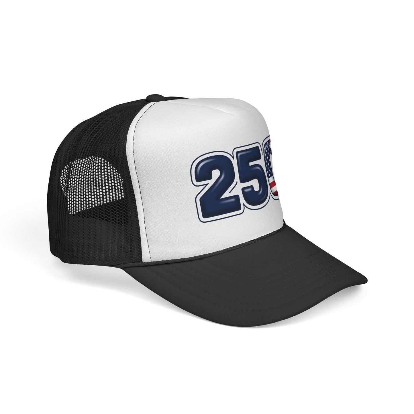 USA trucker hat featuring bold '250' graphic and stars-and-stripes design on a black and white cap.