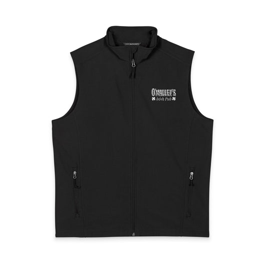 Men's black soft shell vest with minimal white logo, lightweight windproof layer for comfort and style.