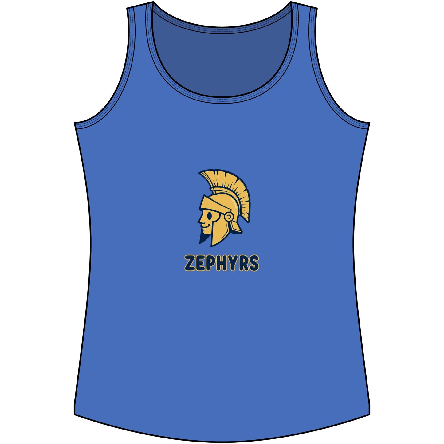Mahtomedi Zephyrs Cotton Tank Top featuring a Trojan helmet logo on a blue background.