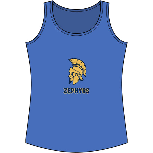 Mahtomedi Zephyrs Cotton Tank Top featuring a Trojan helmet logo on a blue background.