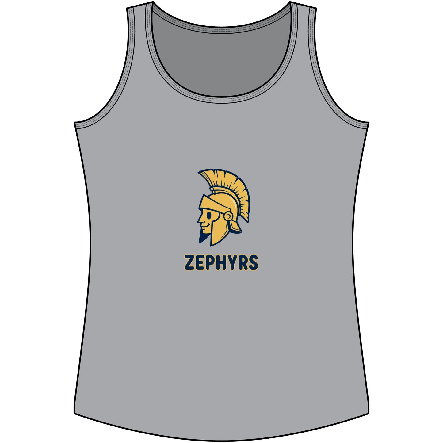 Mahtomedi Zephyrs Cotton Tank Top featuring a Trojan helmet logo in gold and black on a gray background.