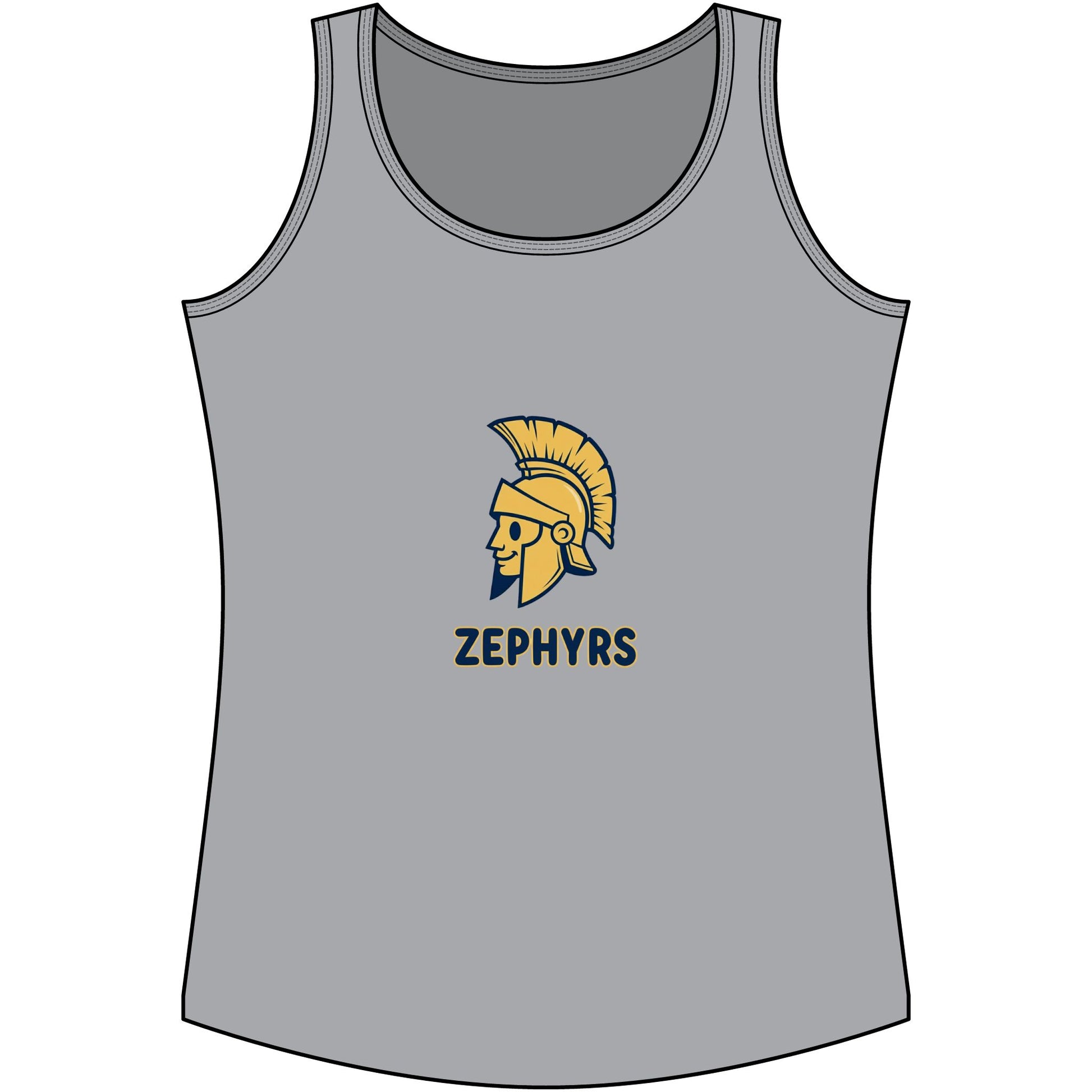 Mahtomedi Zephyrs Cotton Tank Top featuring a Trojan helmet logo in gold and black on a gray background.