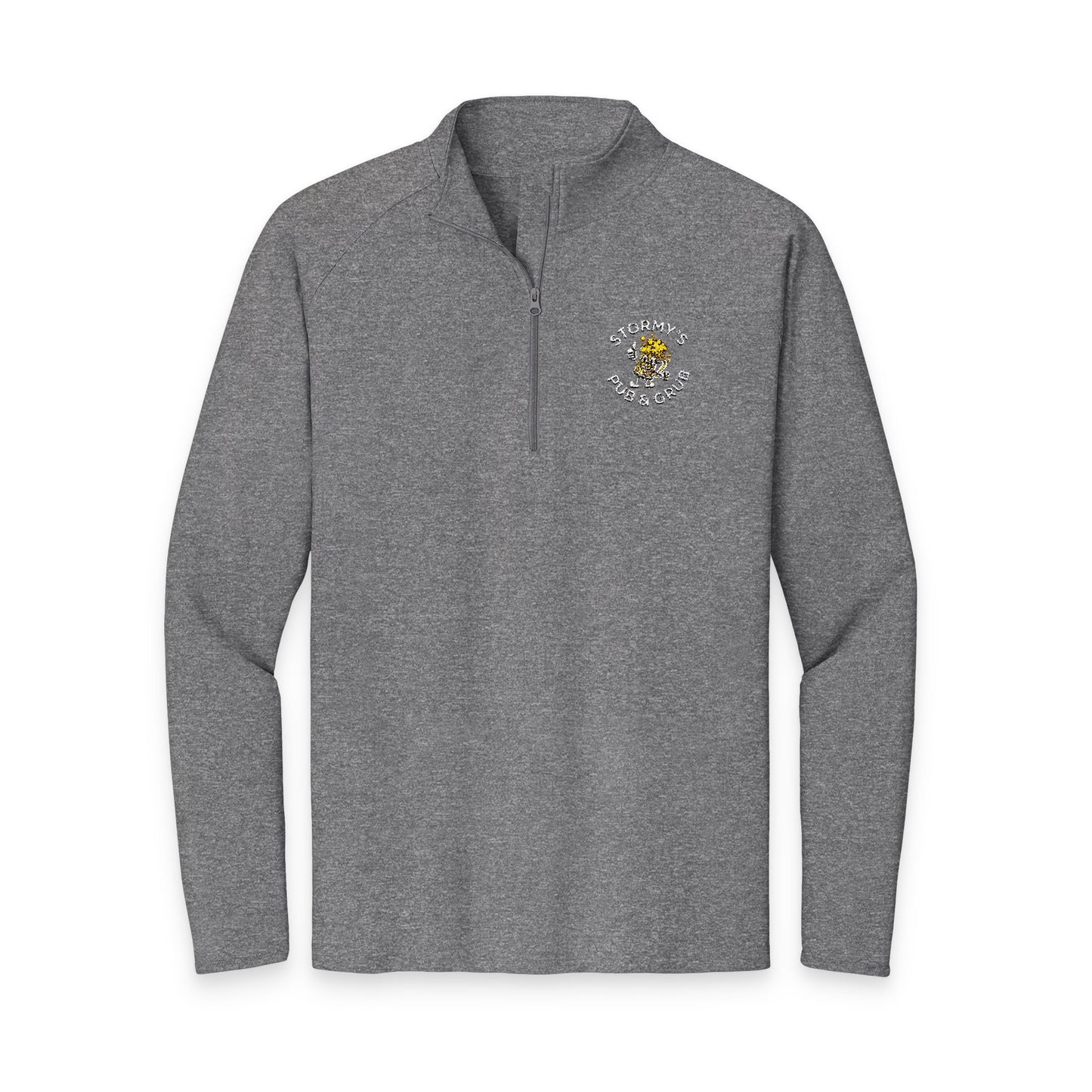 Stormy's Pub and Grub pullover in gray with quarter-zip design and logo on the chest.