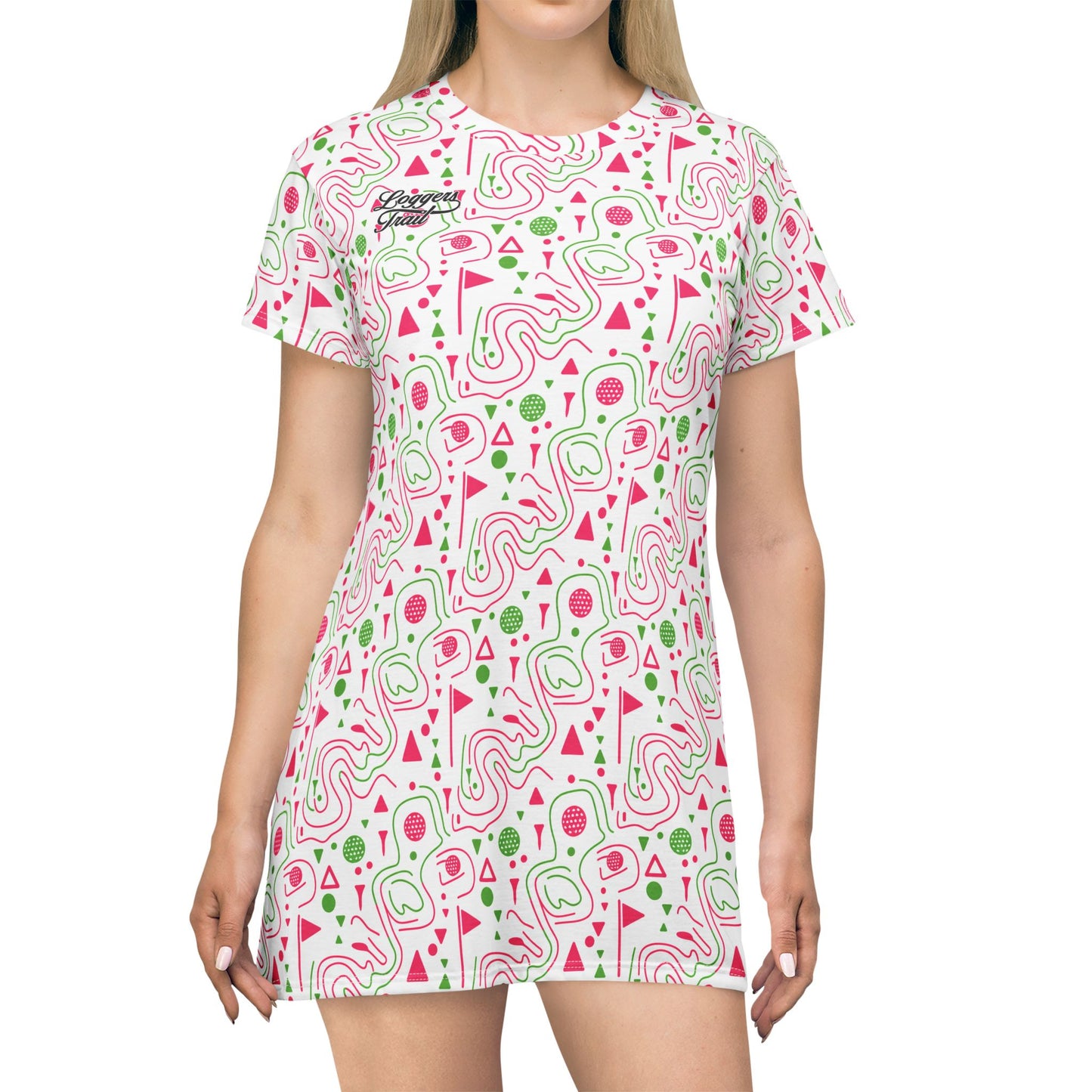 Logger's Trail Golf T-Shirt Dress featuring playful pink and green graphics, perfect as a golf t-shirt dress for summer.