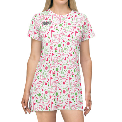 Logger's Trail Golf T-Shirt Dress featuring playful pink and green graphics, perfect as a golf t-shirt dress for summer.