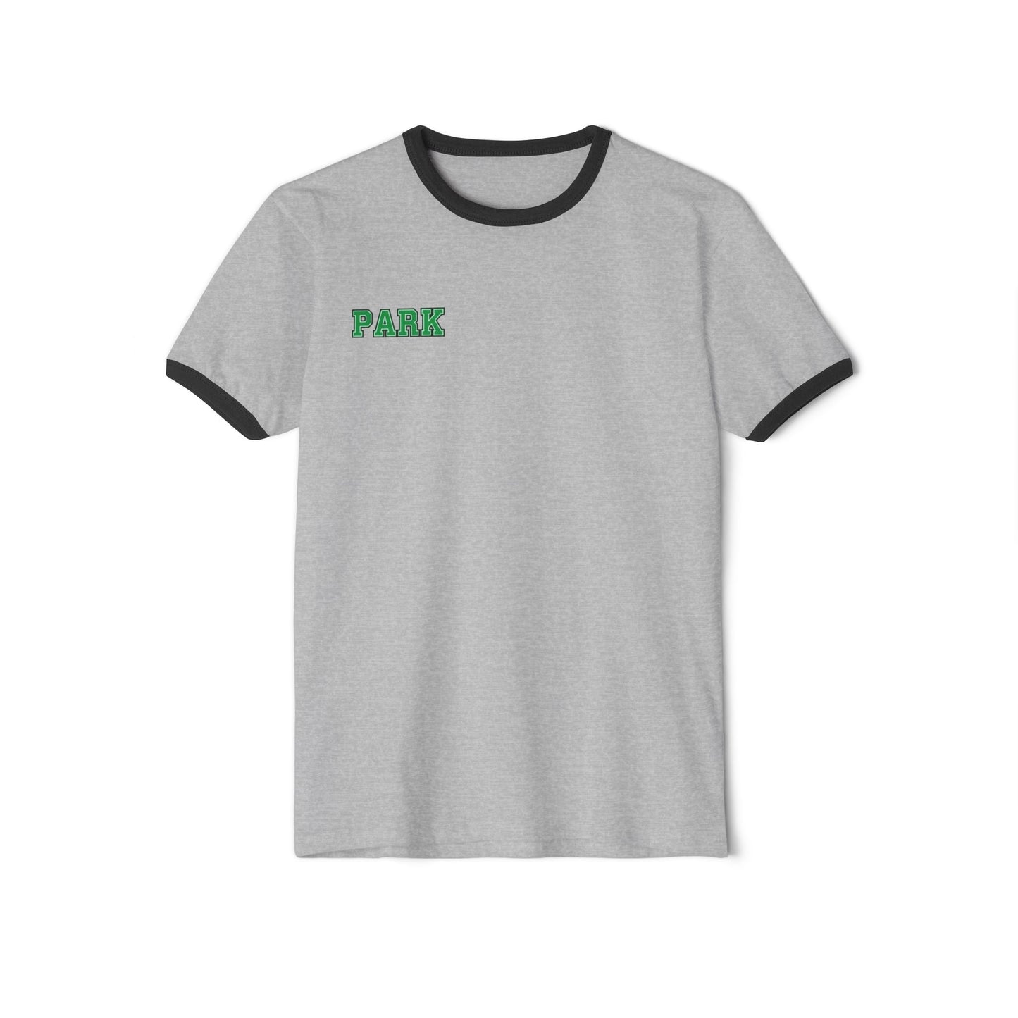 Vintage-inspired college ringer tee in light heather grey with black collar and sleeve accents.