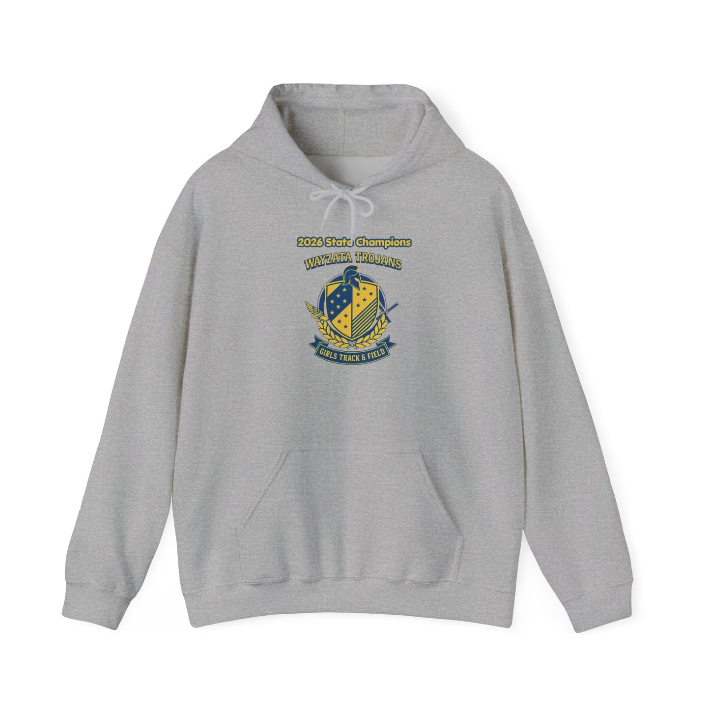 Wayzata Trojans girls track championship hoodie featuring 2026 State Champions logo in gray.