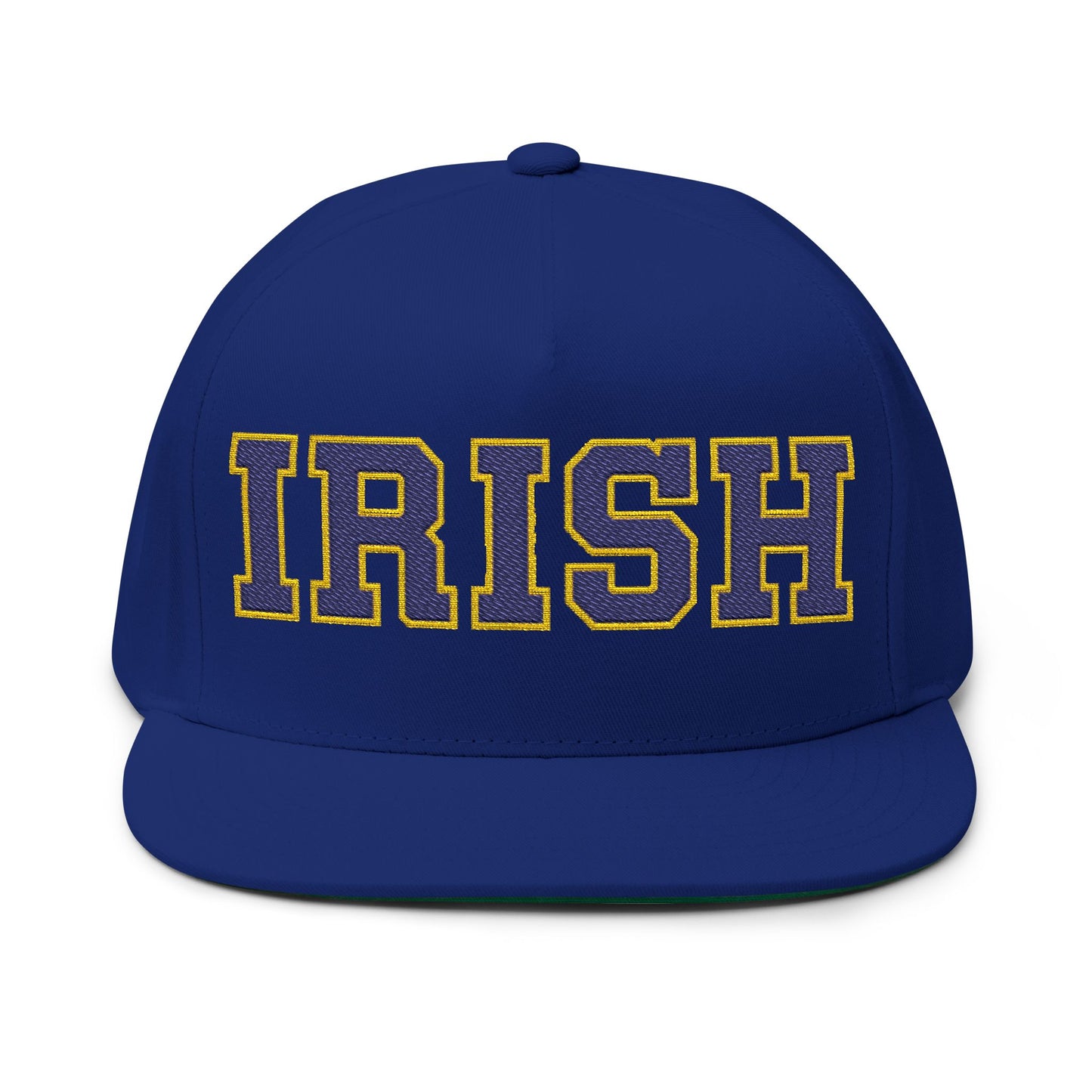 Rosemount Irish embroidered flat bill cap featuring bold "IRISH" text on a blue background.
