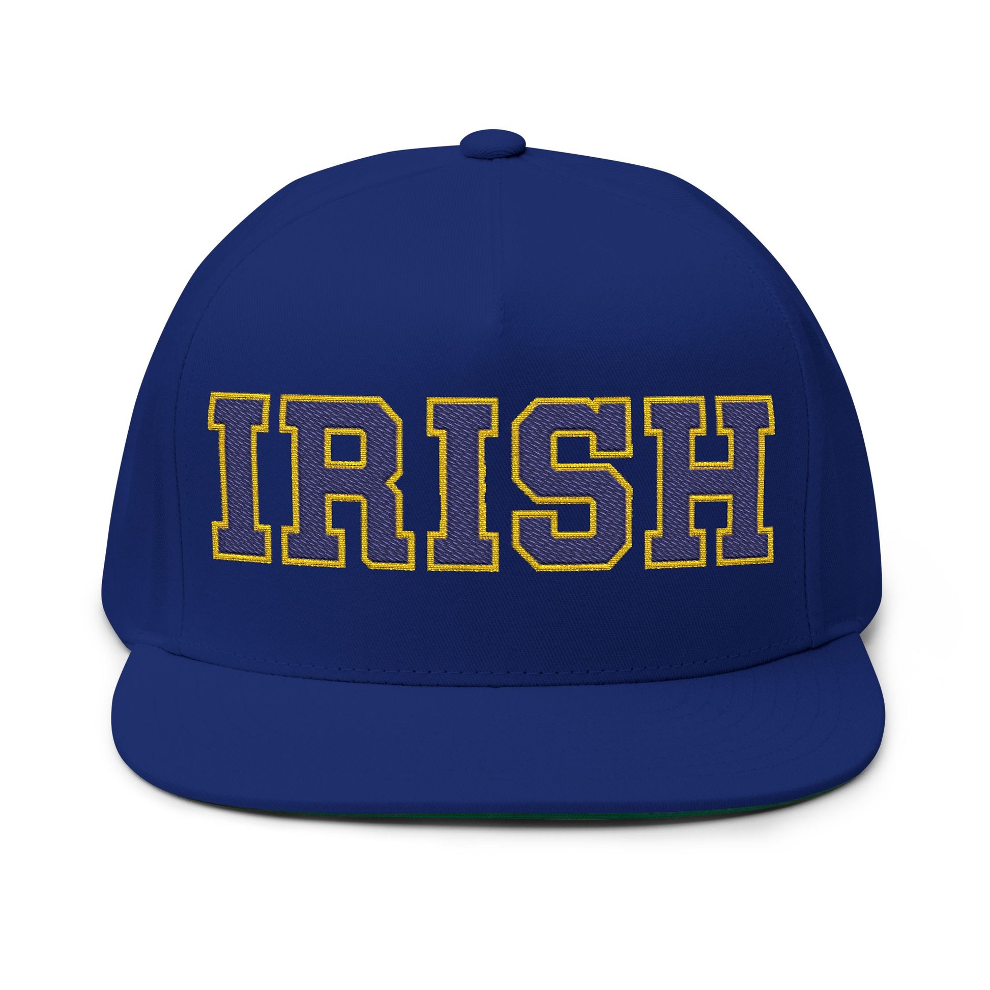 Rosemount Irish embroidered flat bill cap featuring bold "IRISH" text on a blue background.