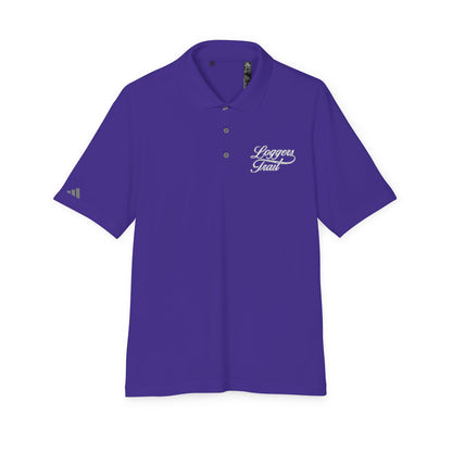 Performance polo shirt with UPF protection in collegiate purple, featuring embroidered detail and a ribbed collar.