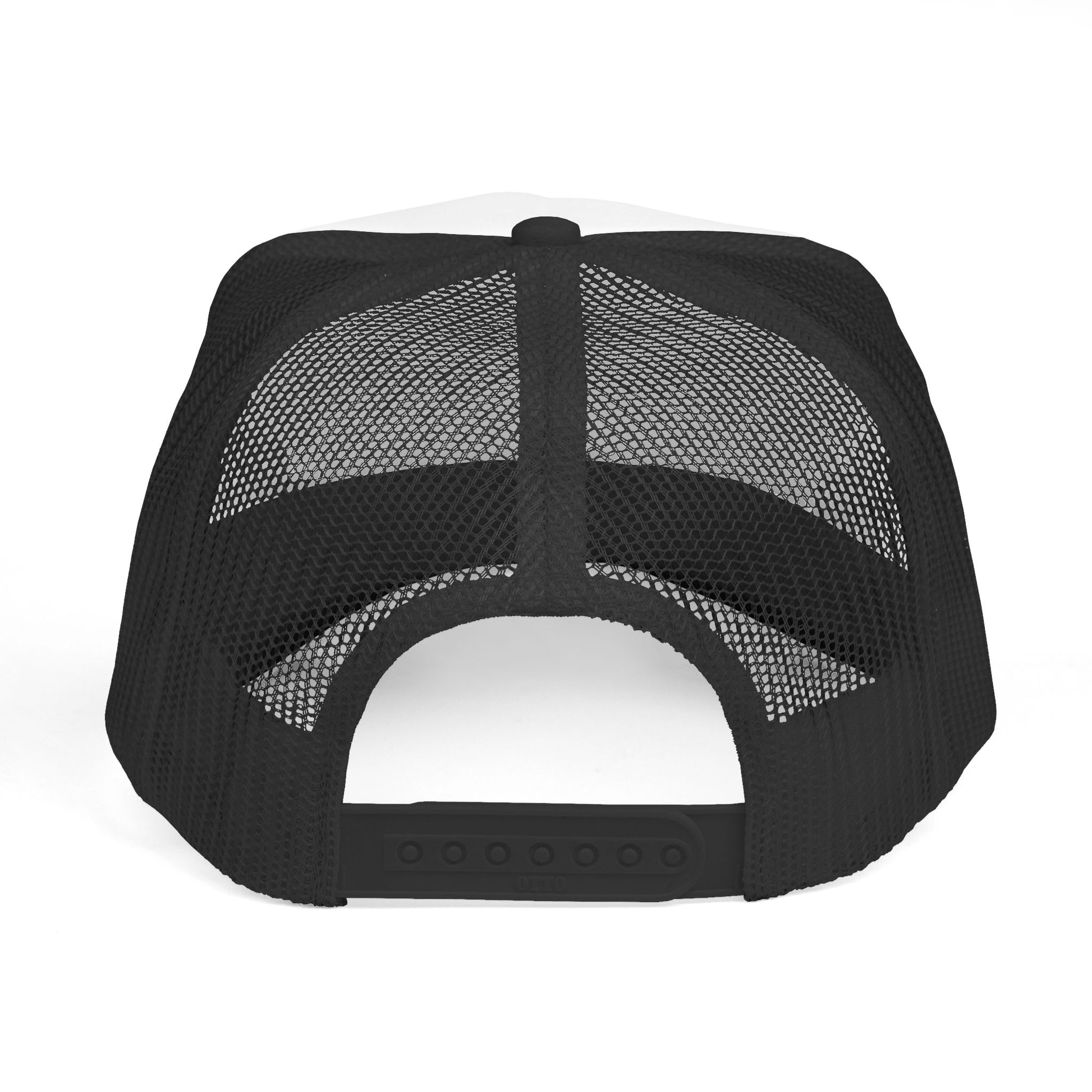 Back view of USA trucker hat with black mesh and adjustable strap for comfort and style.