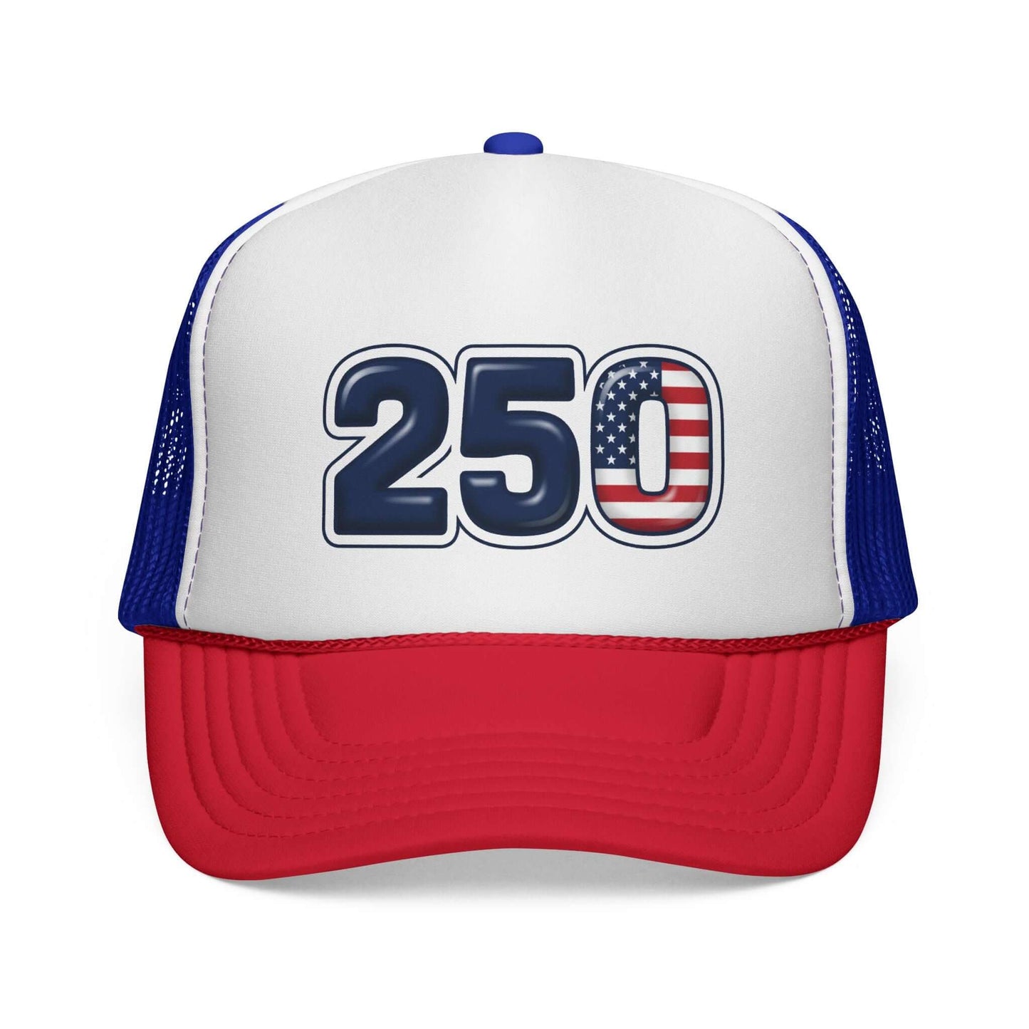 USA trucker hat featuring bold "250" graphic with stars-and-stripes design on structured foam front.