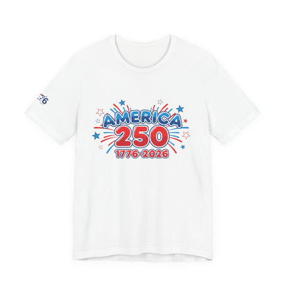 250th anniversary tee featuring bold America 250 graphic with stars and celebratory colors.