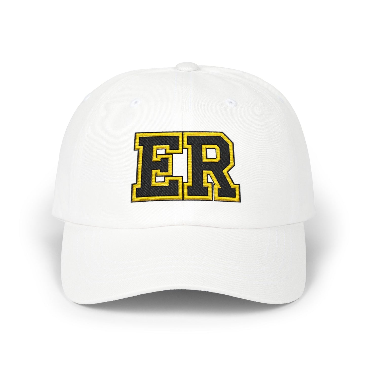 East Ridge ER baseball cap in white color with bold ER logo, perfect for sporting events and casual outings.