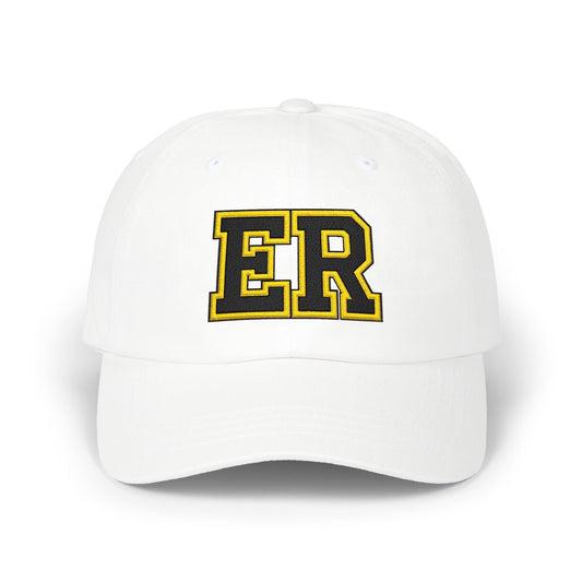 East Ridge ER baseball cap in white color with bold ER logo, perfect for sporting events and casual outings.