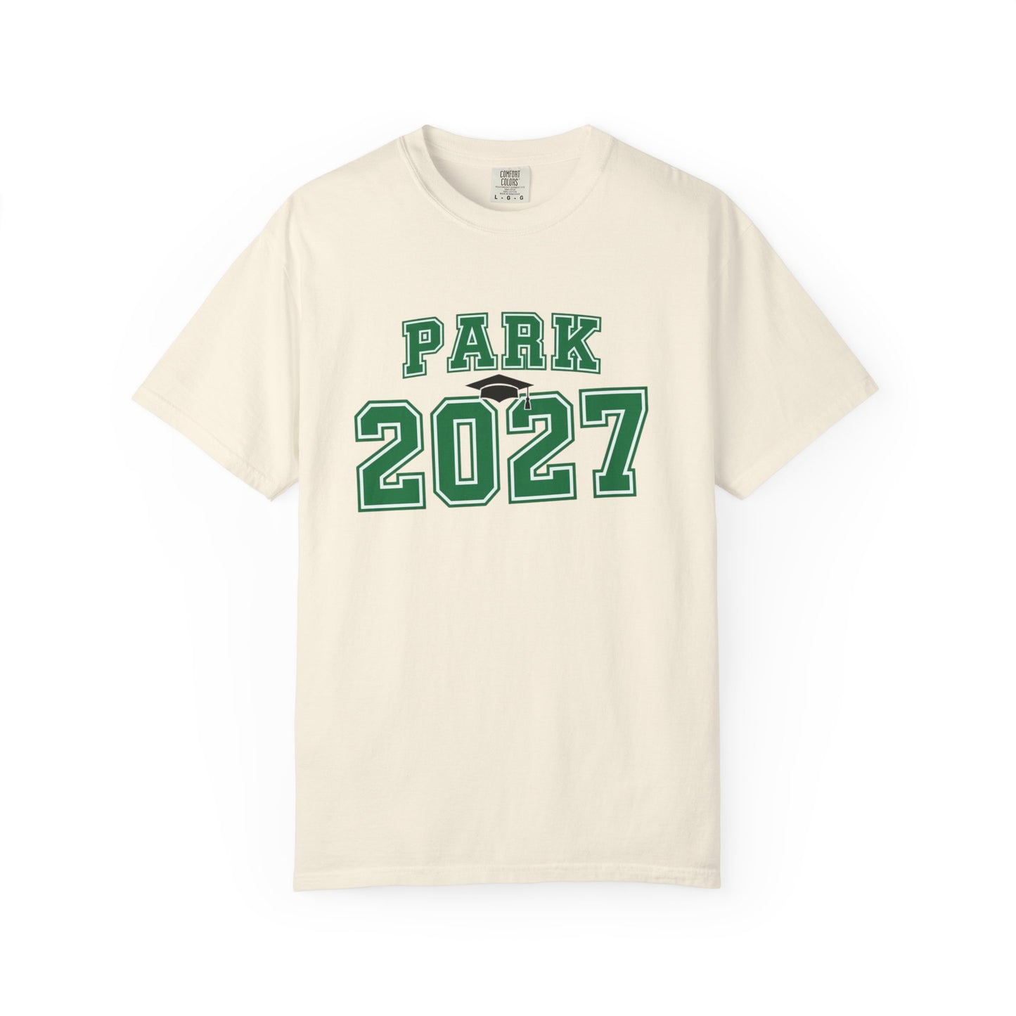Vintage collegiate t-shirt in ivory featuring PARK 2027 graphic, perfect for casual summer gatherings.