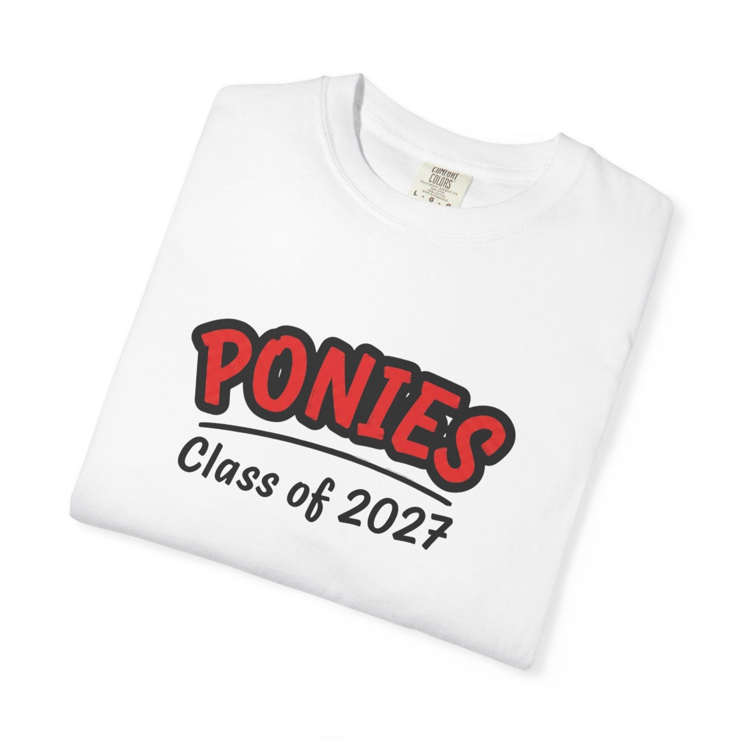 Stillwater Ponies Class of 2027 t-shirt folded with bold text design.