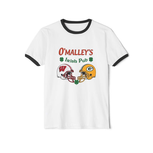O'Malley's Irish Pub Football Rivalry Tee featuring opposing team helmets on a white ringer t-shirt with black details.