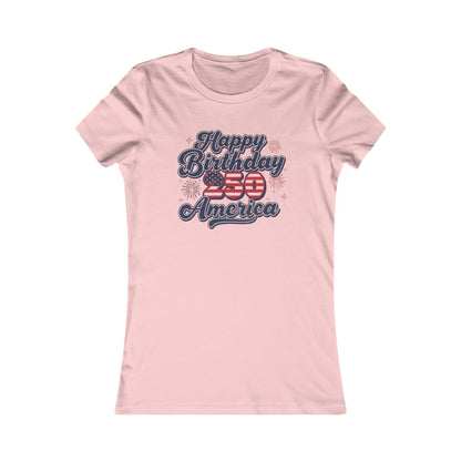 Patriotic women's tee celebrating 250th birthday of America with vintage design in soft pink.