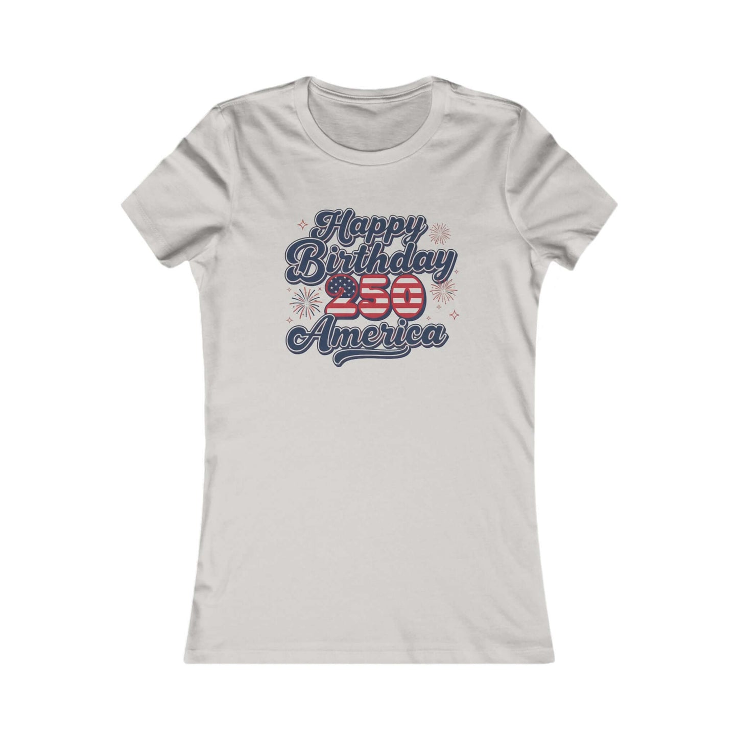 Patriotic Women's Tee featuring 'Happy Birthday 250th America' design with stars and stripes.