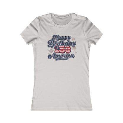 Patriotic Women's Tee featuring 'Happy Birthday 250th America' design with stars and stripes.