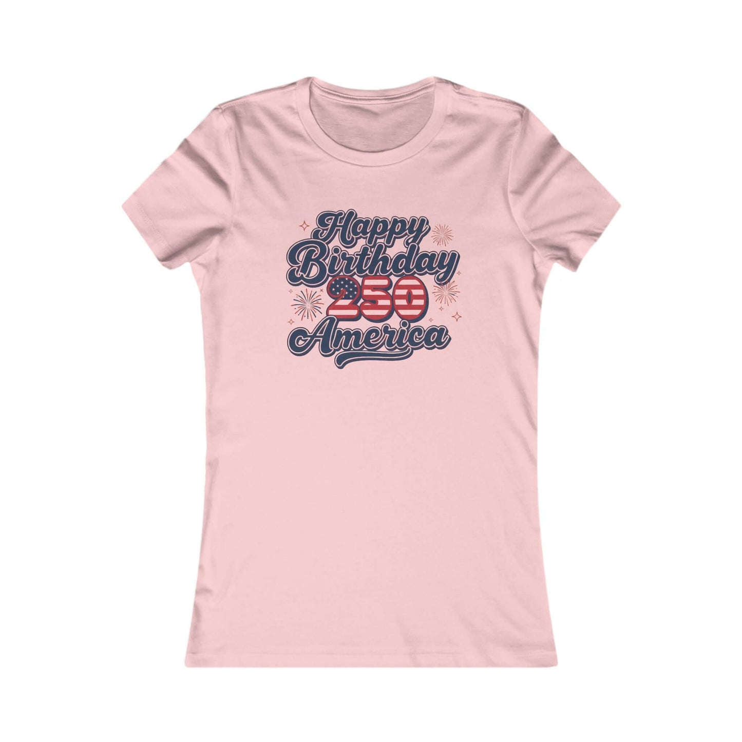 Patriotic women's tee featuring 'Happy Birthday 250 America' in festive colors and design.
