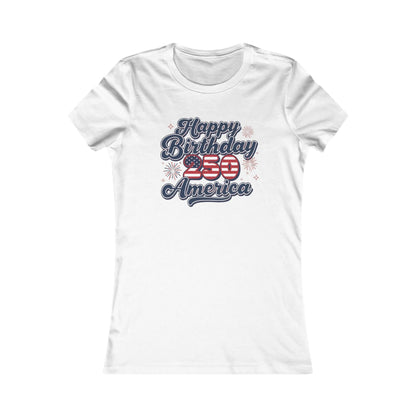 Patriotic Women's Tee featuring 'Happy Birthday 250 America' design with fireworks in red, white, and blue.