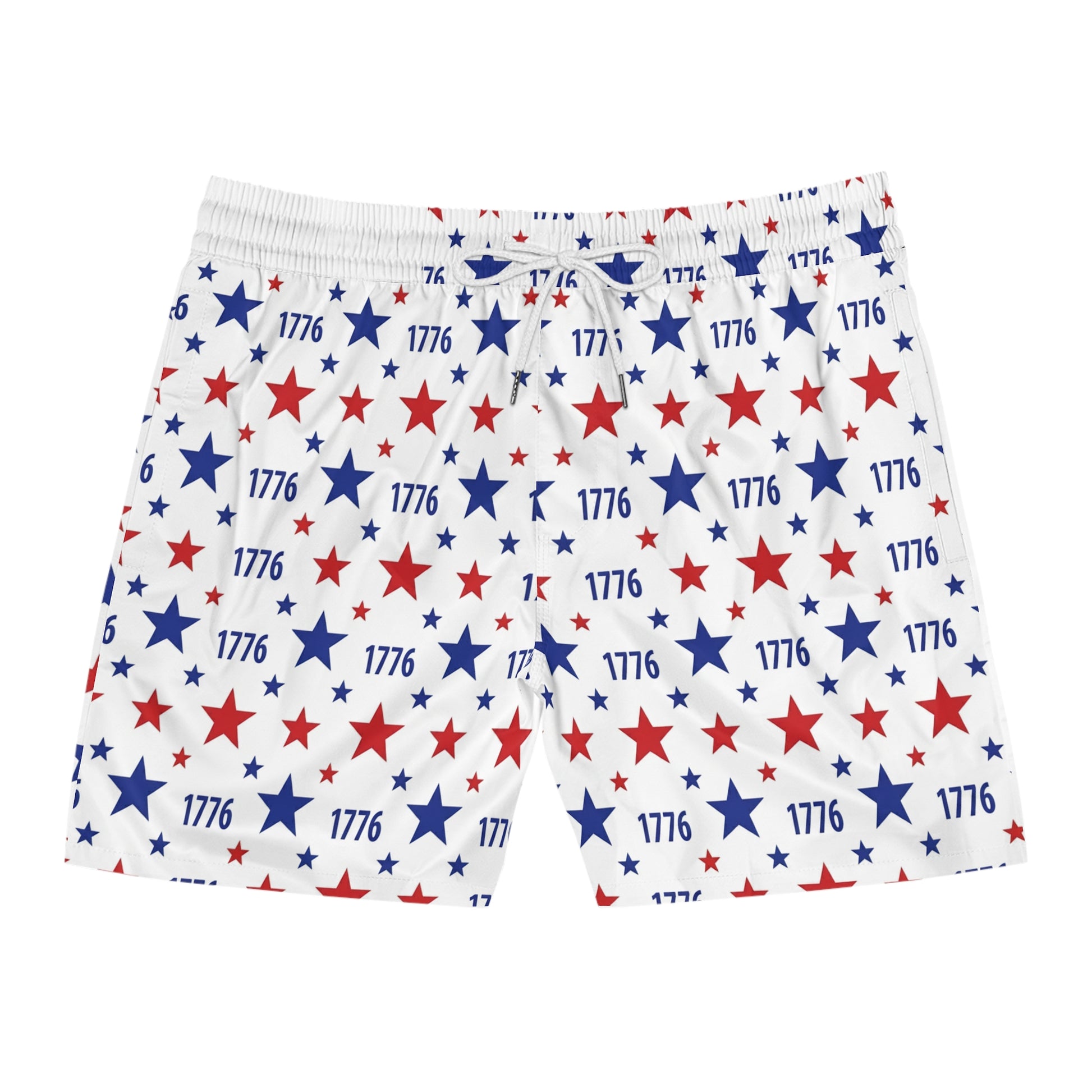 American flag swim shorts featuring a pattern of red and blue stars and the year 1776.