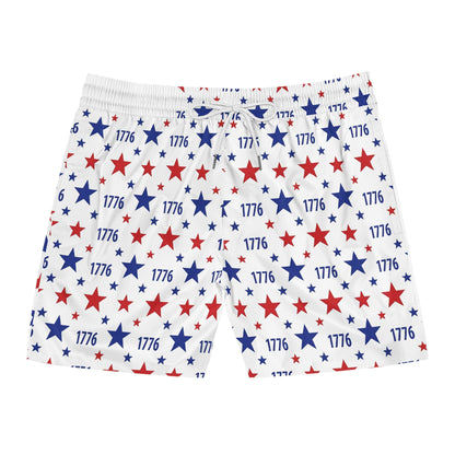 American flag swim shorts featuring a pattern of red and blue stars and the year 1776.