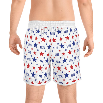 American flag swim shorts with stars pattern celebrating independence and 250th anniversary, ideal for summer.