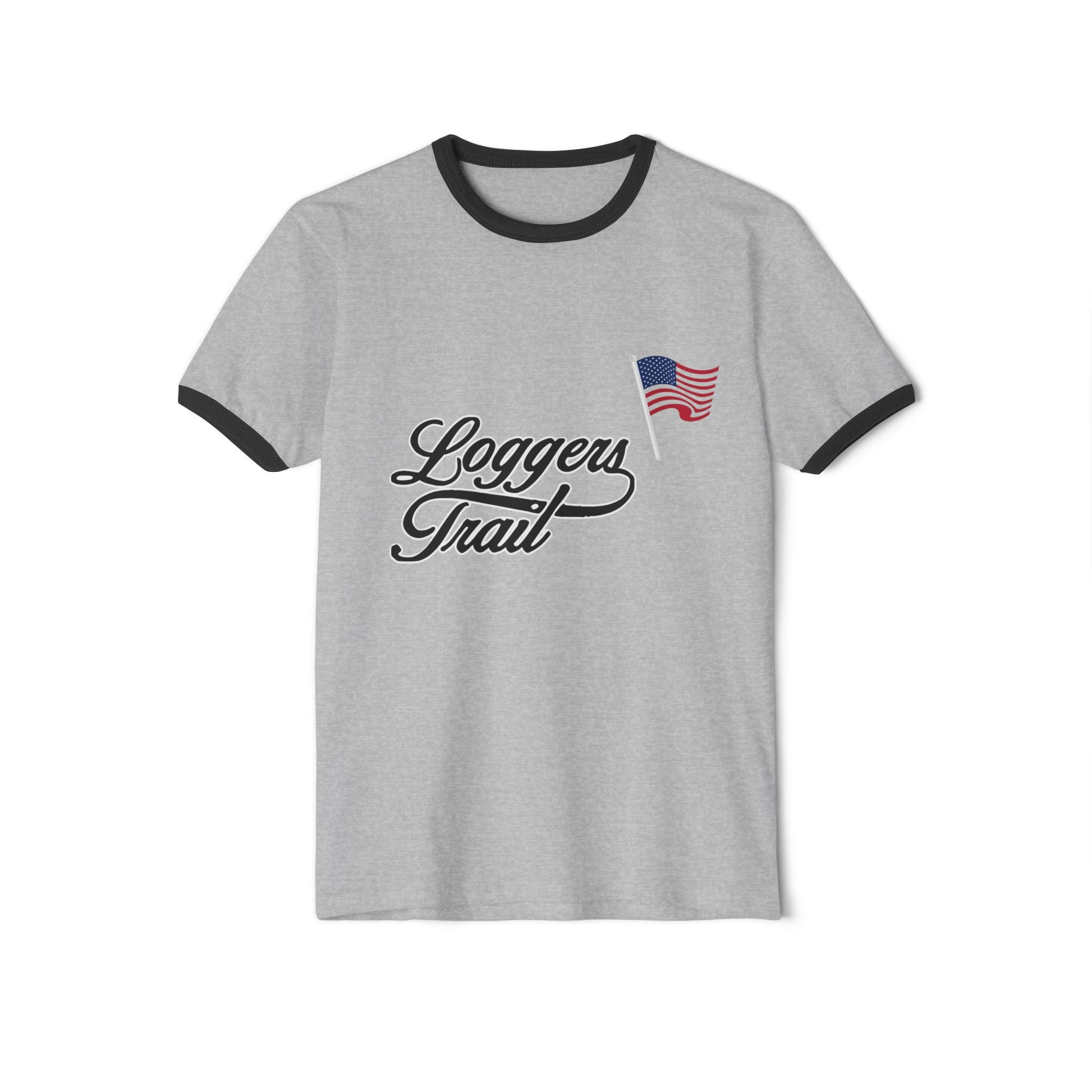 Vintage-inspired golf ringer tee with grey body and black collar, featuring Loggers Trail logo and American flag.