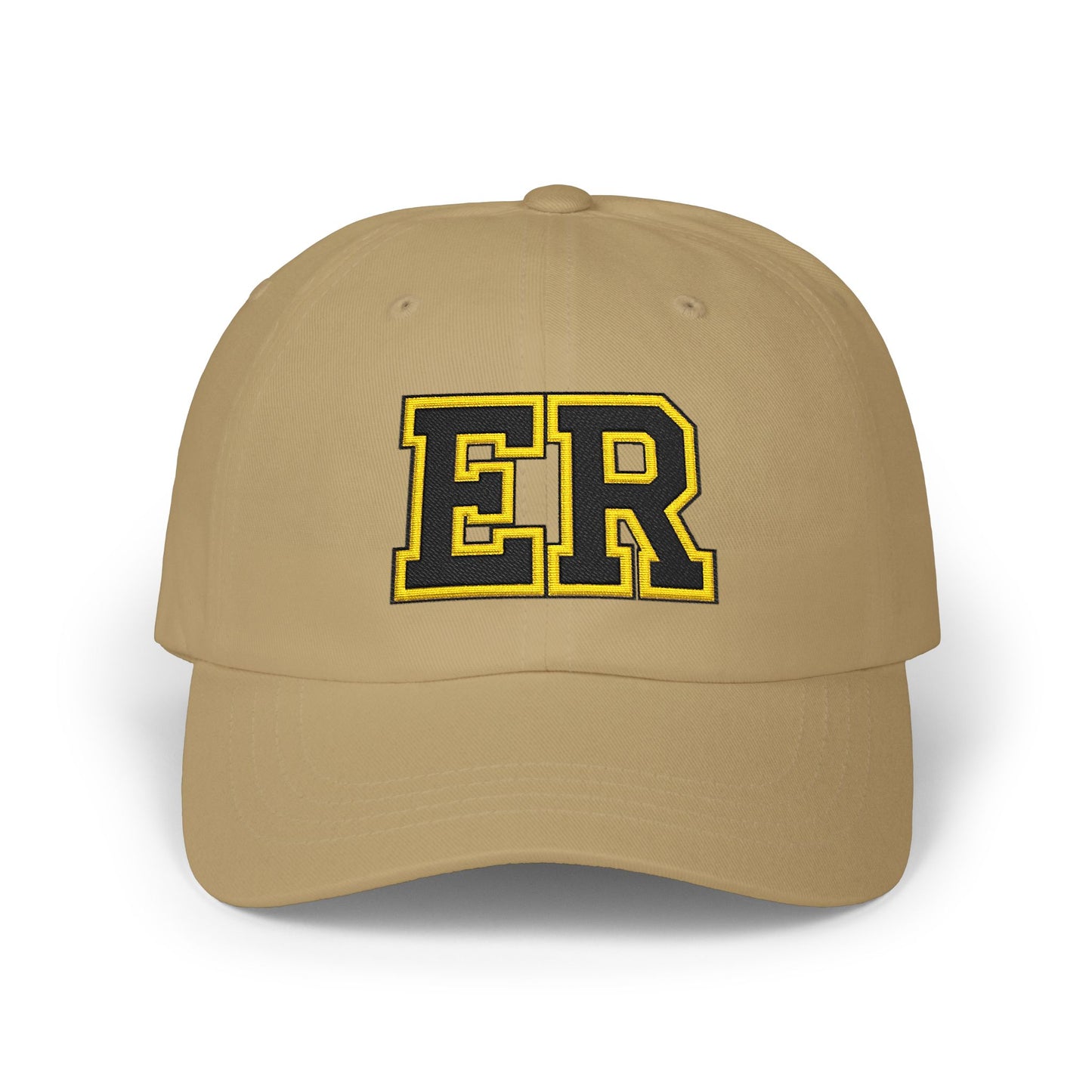 East Ridge ER baseball cap in khaki with black and yellow ER logo, perfect for sporty casual wear.