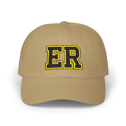 East Ridge ER baseball cap in khaki with black and yellow ER logo, perfect for sporty casual wear.