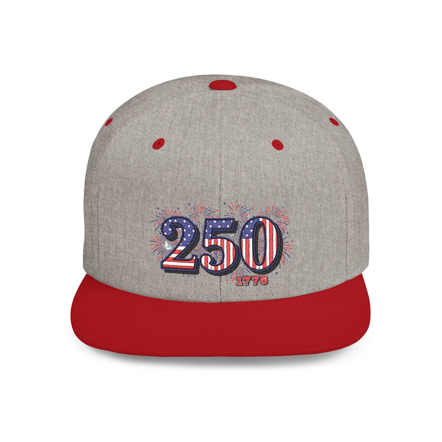 250th anniversary snapback hat featuring fireworks design in red and gray, celebrating America's 250th Anniversary.