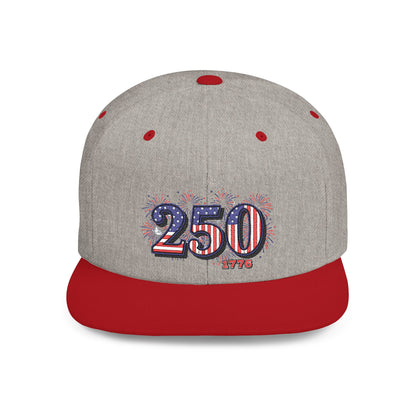 250th anniversary snapback hat featuring fireworks design in red and gray, celebrating America's 250th Anniversary.
